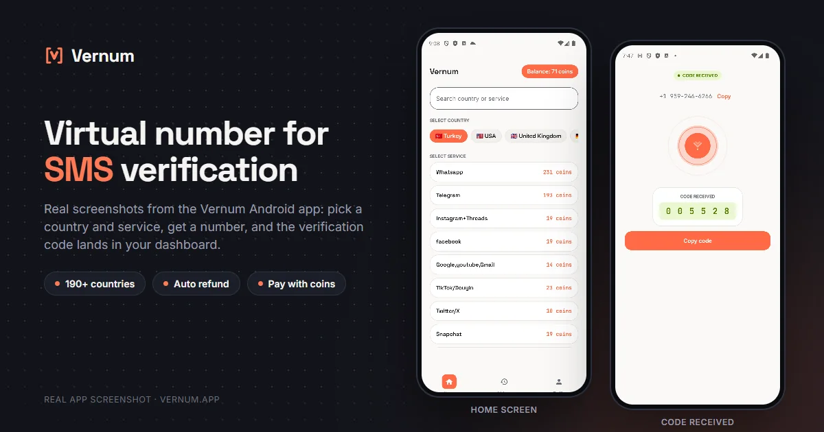 Vernum Android app screenshots: home screen and the received SMS verification code
