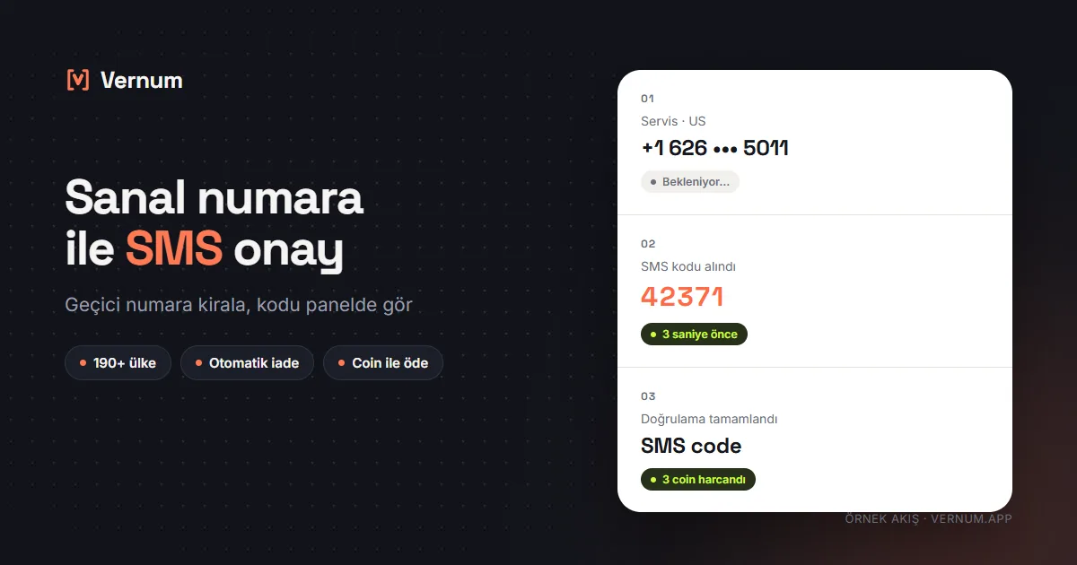 Vernum panelinde sanal numara ile SMS onay akışı: numara atanır, kod gelir, doğrulama tamamlanır — örnek görsel