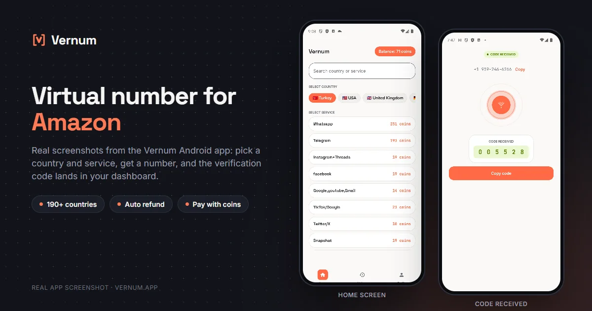 Vernum Android app screenshots: choosing a country and service on the home screen, then the received SMS verification code for Amazon