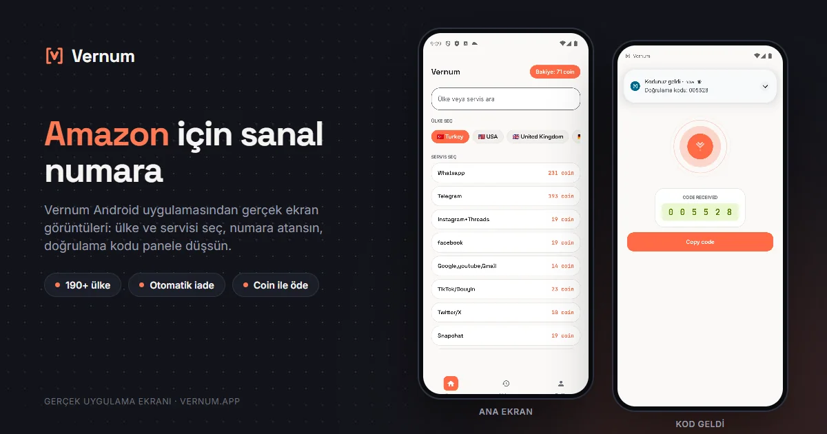 Vernum Android uygulaması ekran görüntüleri: ana ekranda ülke ve servis seçimi, ardından Amazon için gelen SMS onay kodu