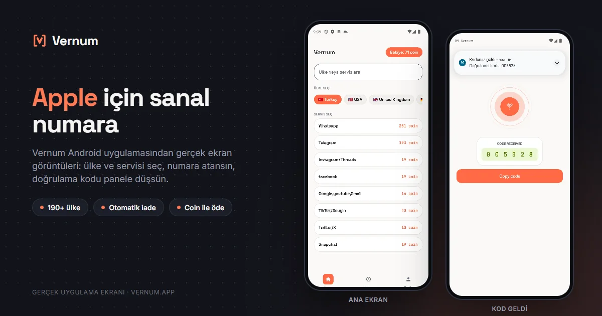 Vernum Android uygulaması ekran görüntüleri: ana ekranda ülke ve servis seçimi, ardından Apple için gelen SMS onay kodu