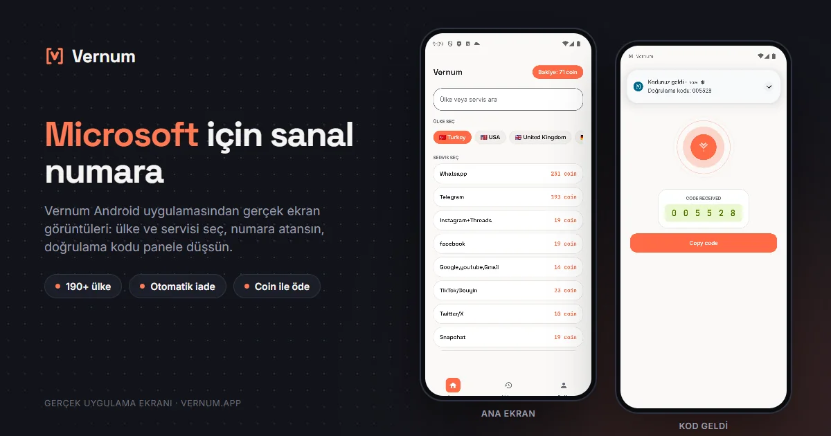 Vernum Android uygulaması ekran görüntüleri: ana ekranda ülke ve servis seçimi, ardından Microsoft için gelen SMS onay kodu