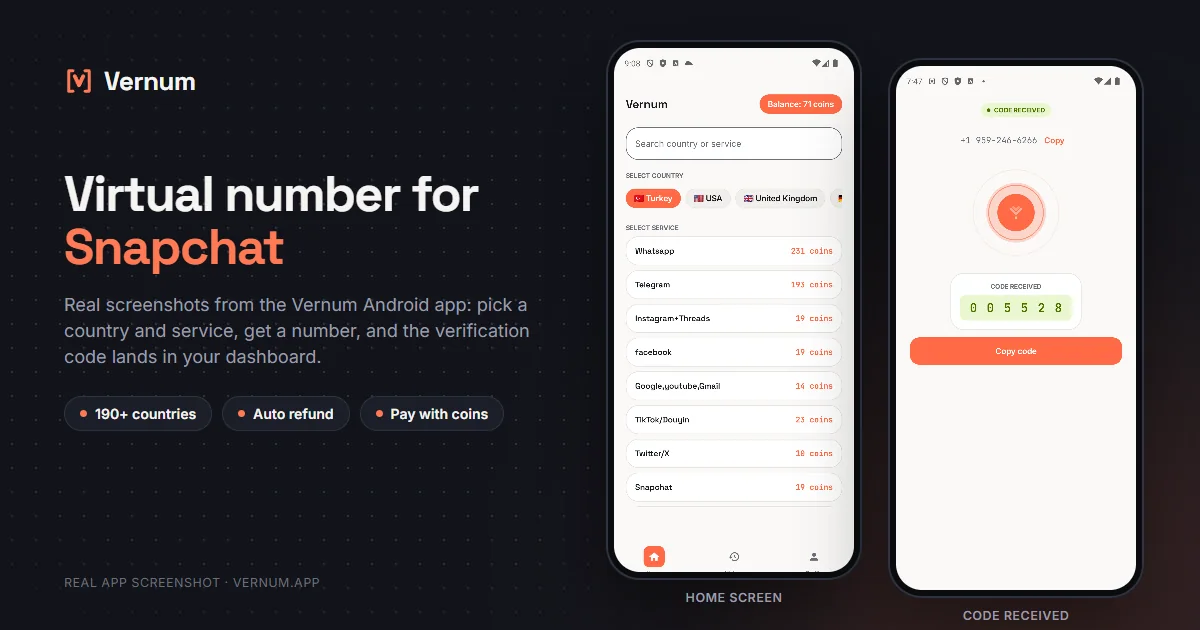 Vernum Android app screenshots: choosing a country and service on the home screen, then the received SMS verification code for Snapchat