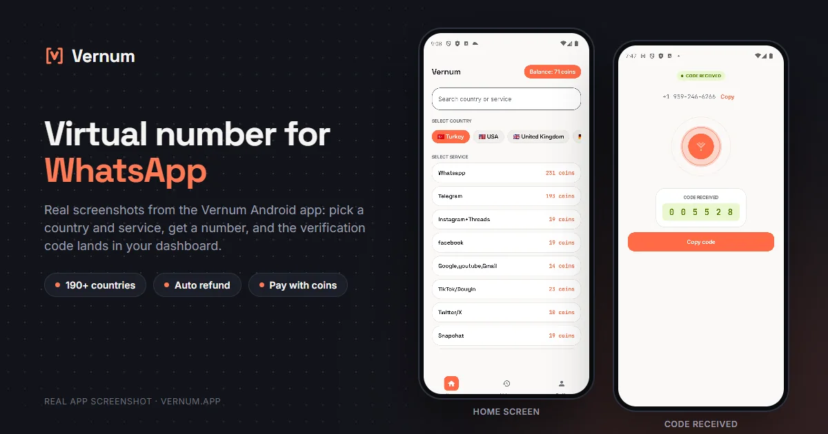 Vernum Android app screenshots: choosing a country and service on the home screen, then the received SMS verification code for WhatsApp